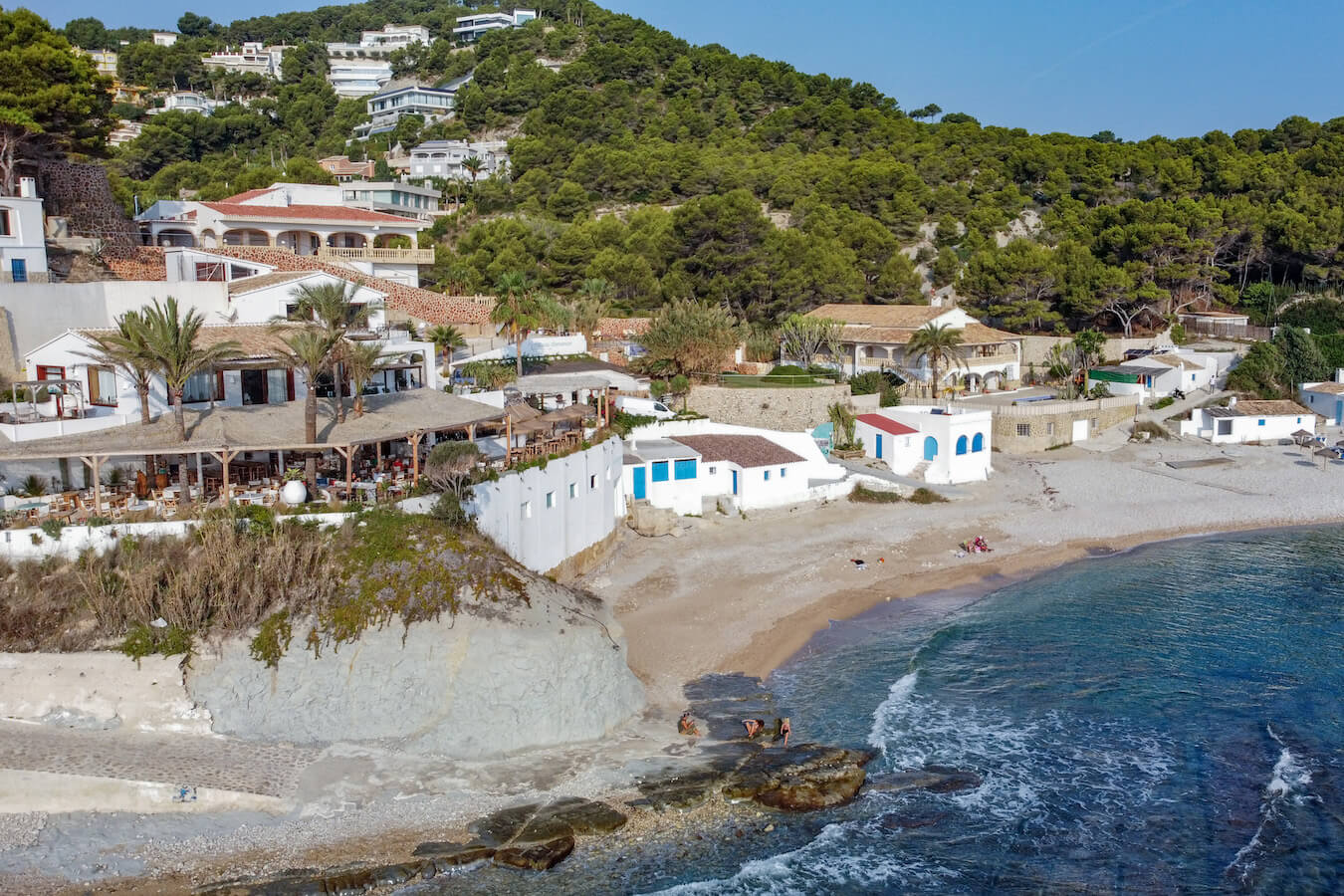 A drone image of Cala Clemence and Portixol beach in Javea, Spain.
