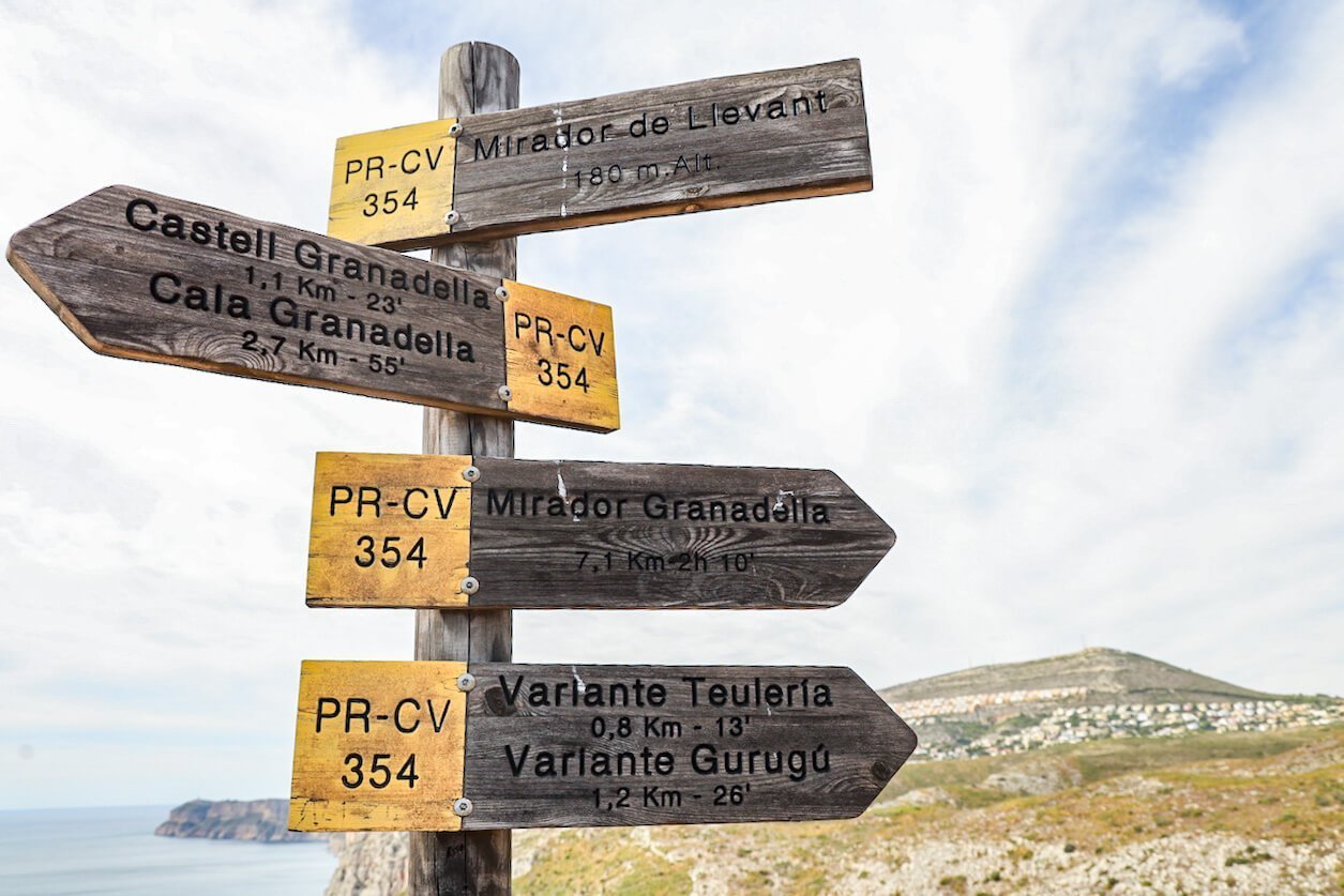 Sign posts point in different direction on the PR CV-354 trail in Xabia.