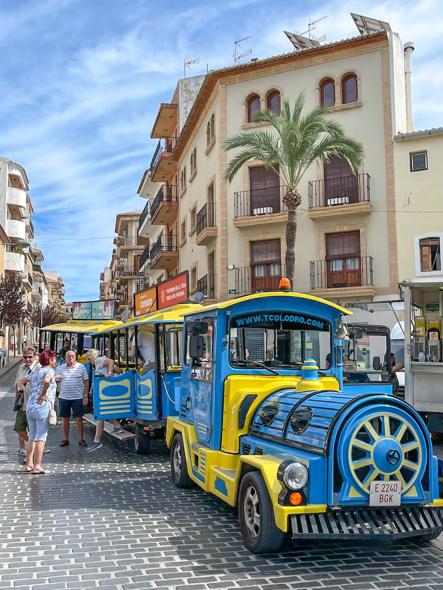 The tourist train in Javea / Xabia Historic Centre.