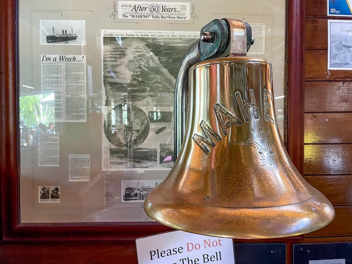 The bell from the Maheno on display at the Happy Valley restaurant