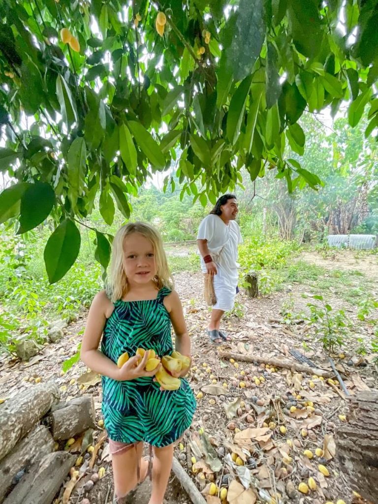 A child holding fruits in the Lacandon Jungle on a guided tour.