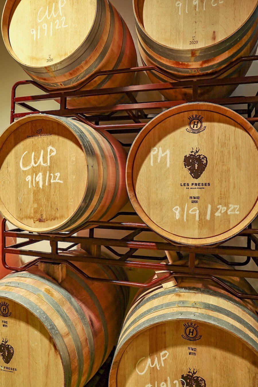 Les Freses wine making barrels in the cellar.