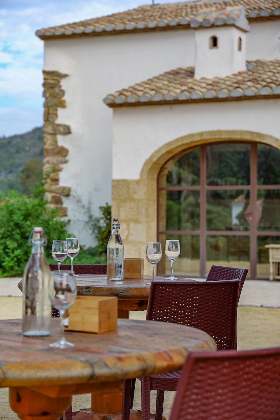 Tables are set up for wine tasting at Les Freses Cellar in Javea / Xabia, Spain.