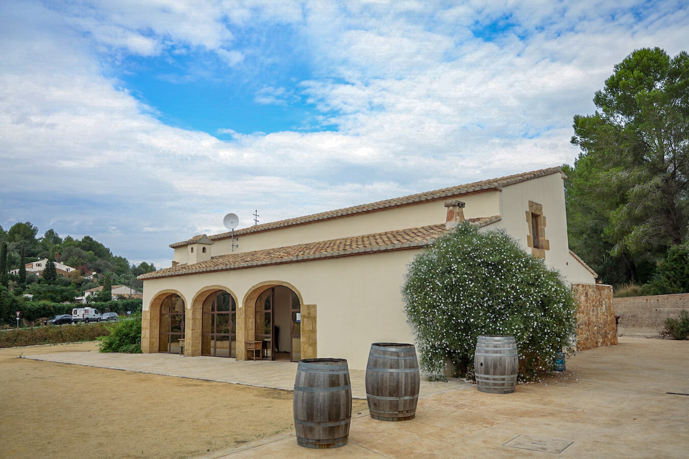 Wine barrels positioned outside a winery in Javea.