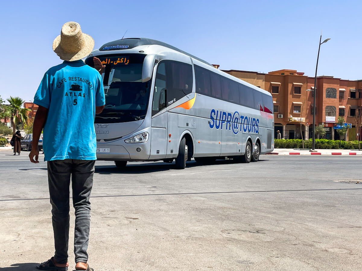 The Supra Tours bus en route between city destinations in Morocco