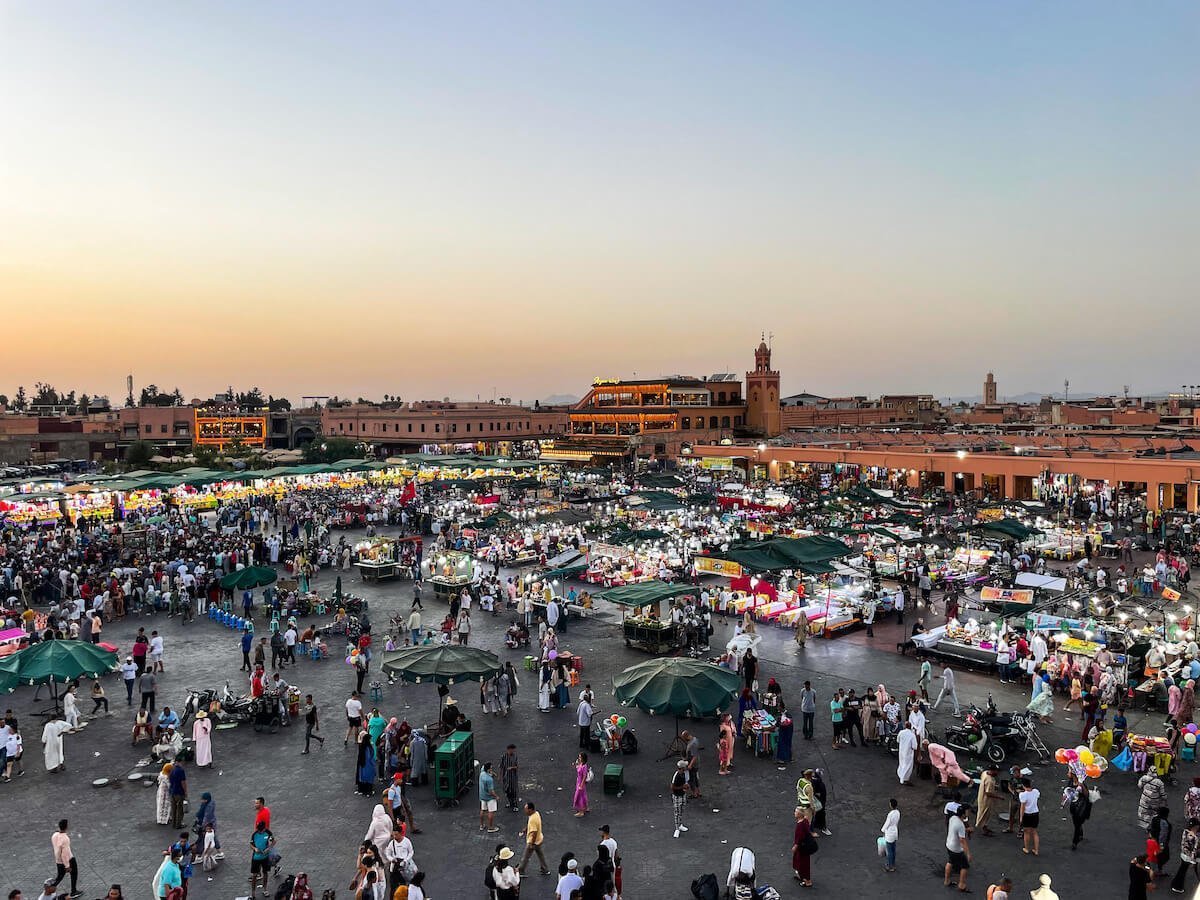 Sunset views over Jemaa el-Fnaa Square in Marrakech