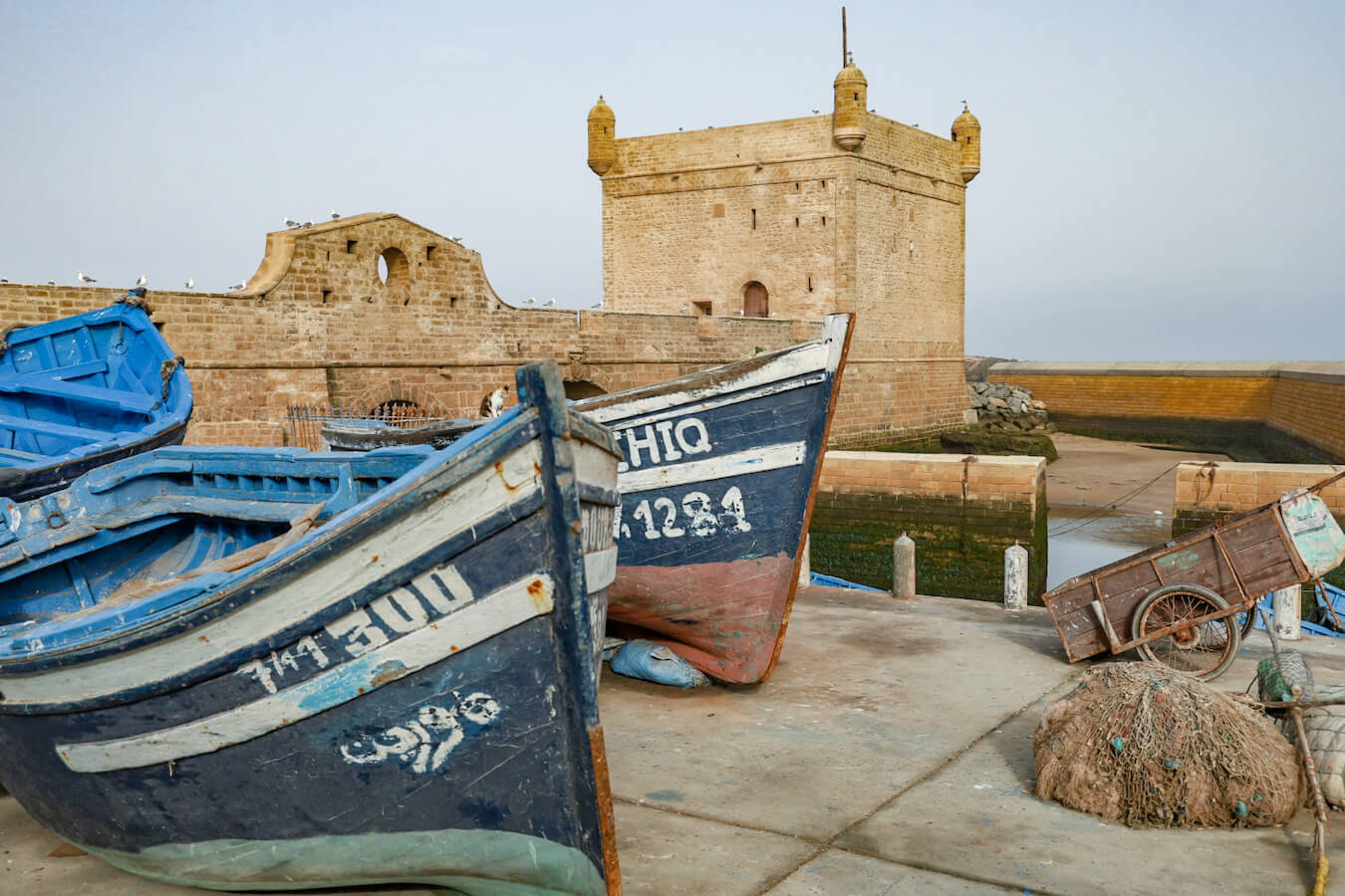 The fishing boats in the port of Essaouira - a popular stop off for tourists when travelling Morocco