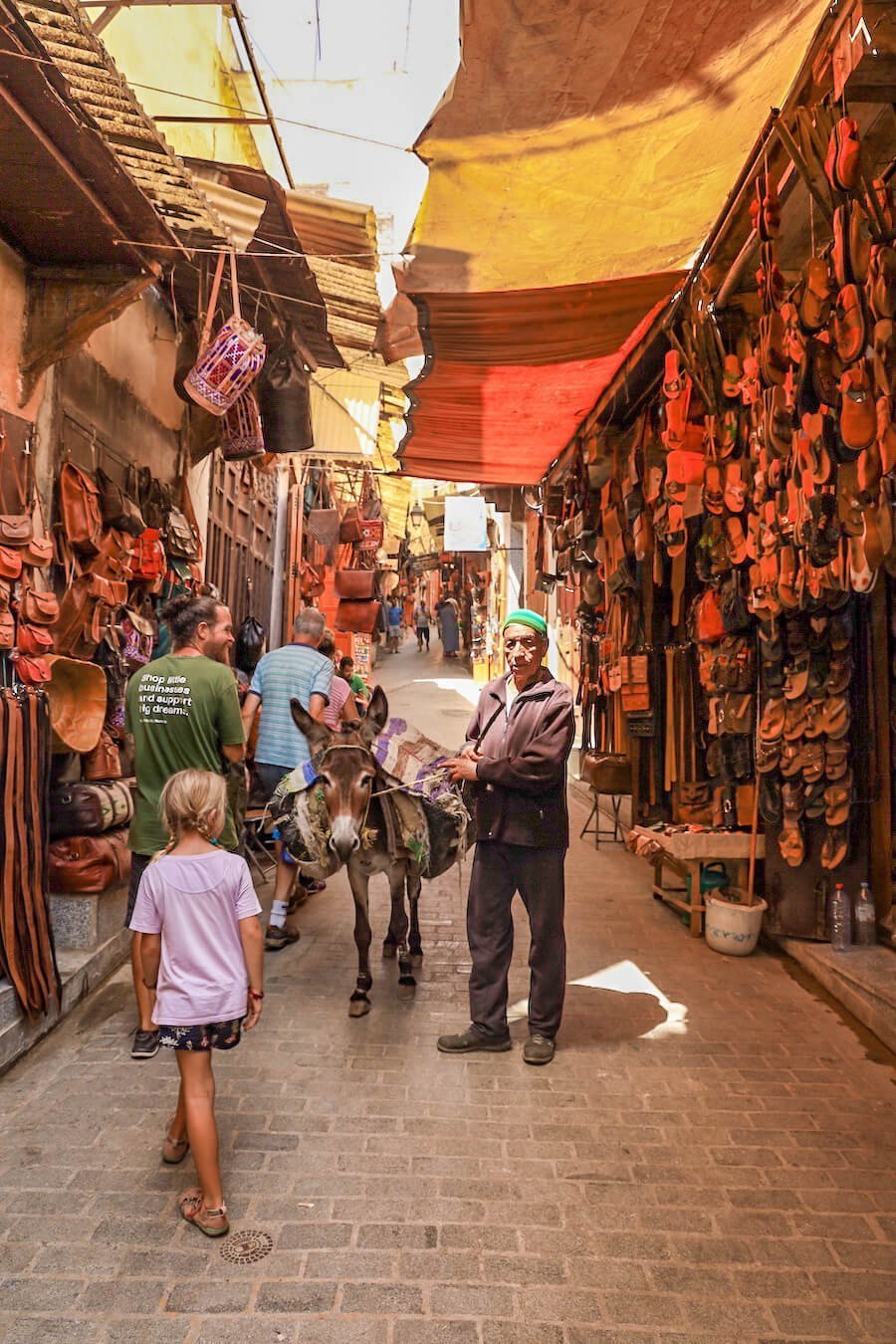 A family walk through the medina in Fes as a man walks through with his donkey.