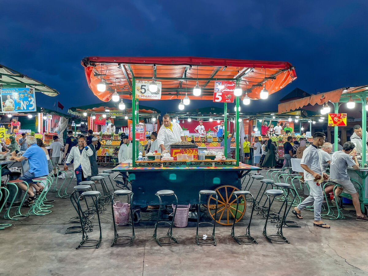 Walking through the Jemaa el-Fna Square and market in Marrakech are the pop up food vendors.