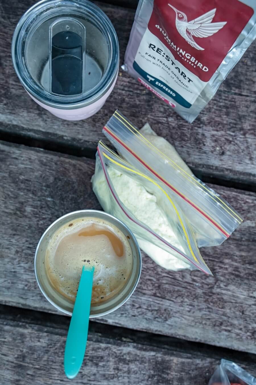 A morning coffee on a travel camping trip.