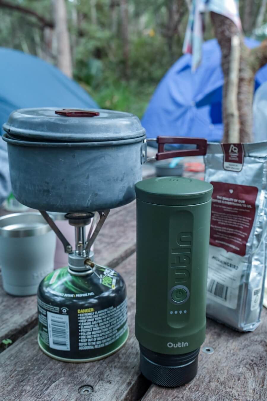 The OutIn coffee machine is used to make espresso on a camping and hiking trip.