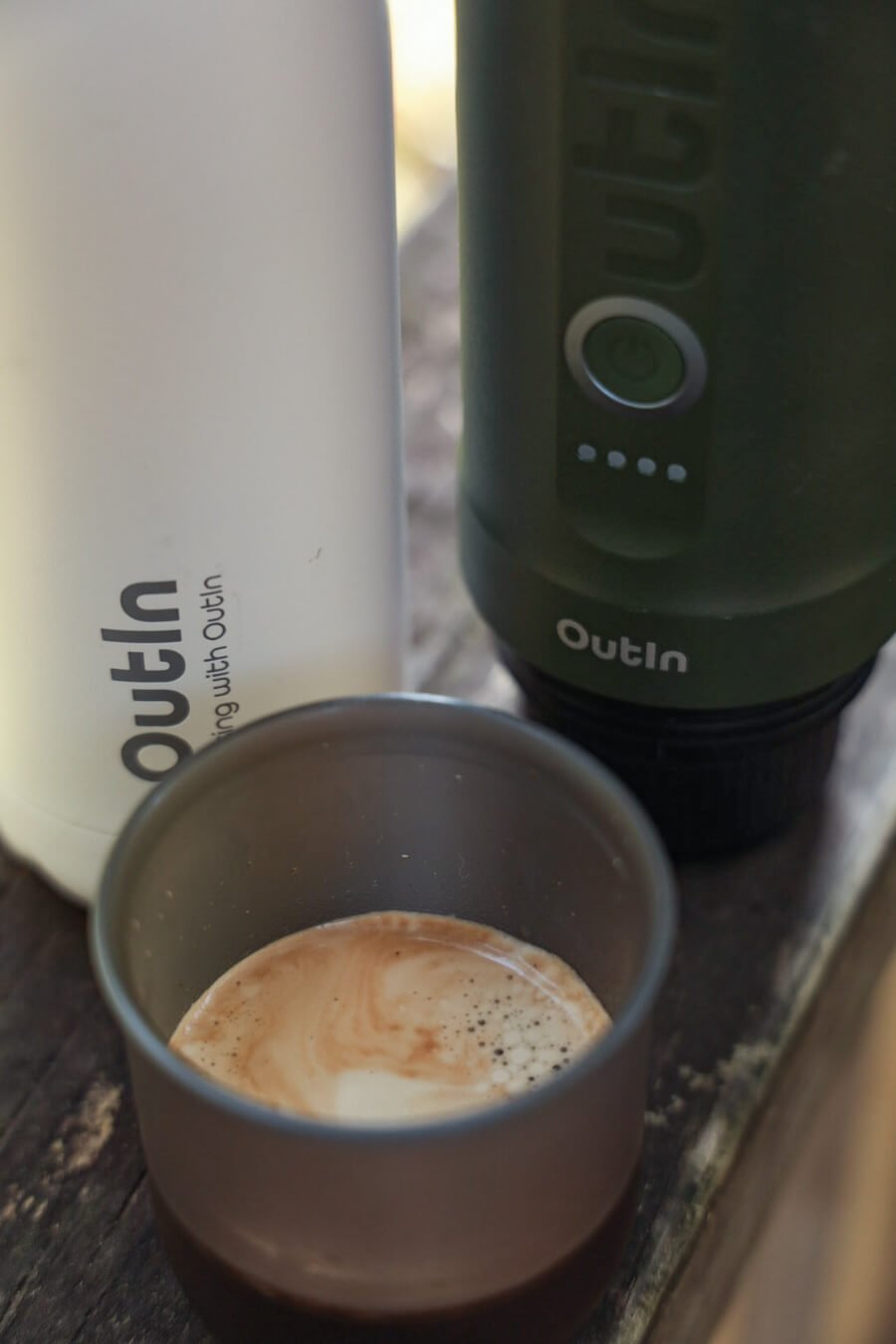 An up close image for the review of the crema on an OutIn espresso, made with the automatic portable machine.