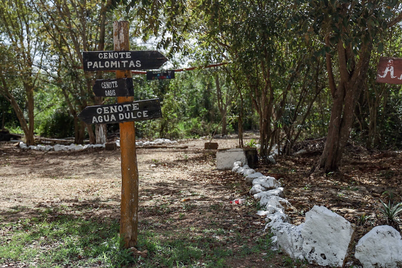 Signs pointing to the direction of Cenote Palomitas and Agua Dulce near Valladolid