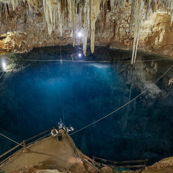 The cavernous cenote Palomitas, on the complex of Agua Dulce Adventures near Valladolid, in the Yucatan Mexico.