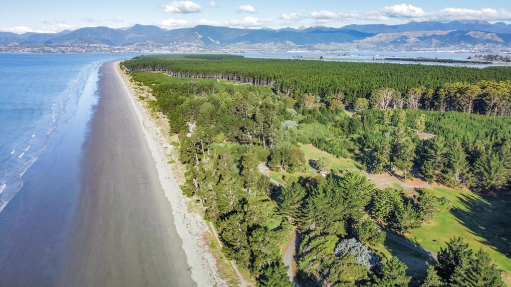 Drone photo over Rabbit Island - a popular destination for day trips for the locals of Nelson