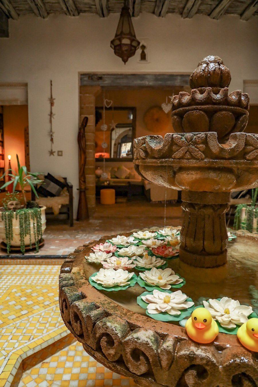 The entrance of Les Terrasses d'Essaouira, with beautiful water feature.  This riad in Essaouira is a beautiful place to stay in Morocco