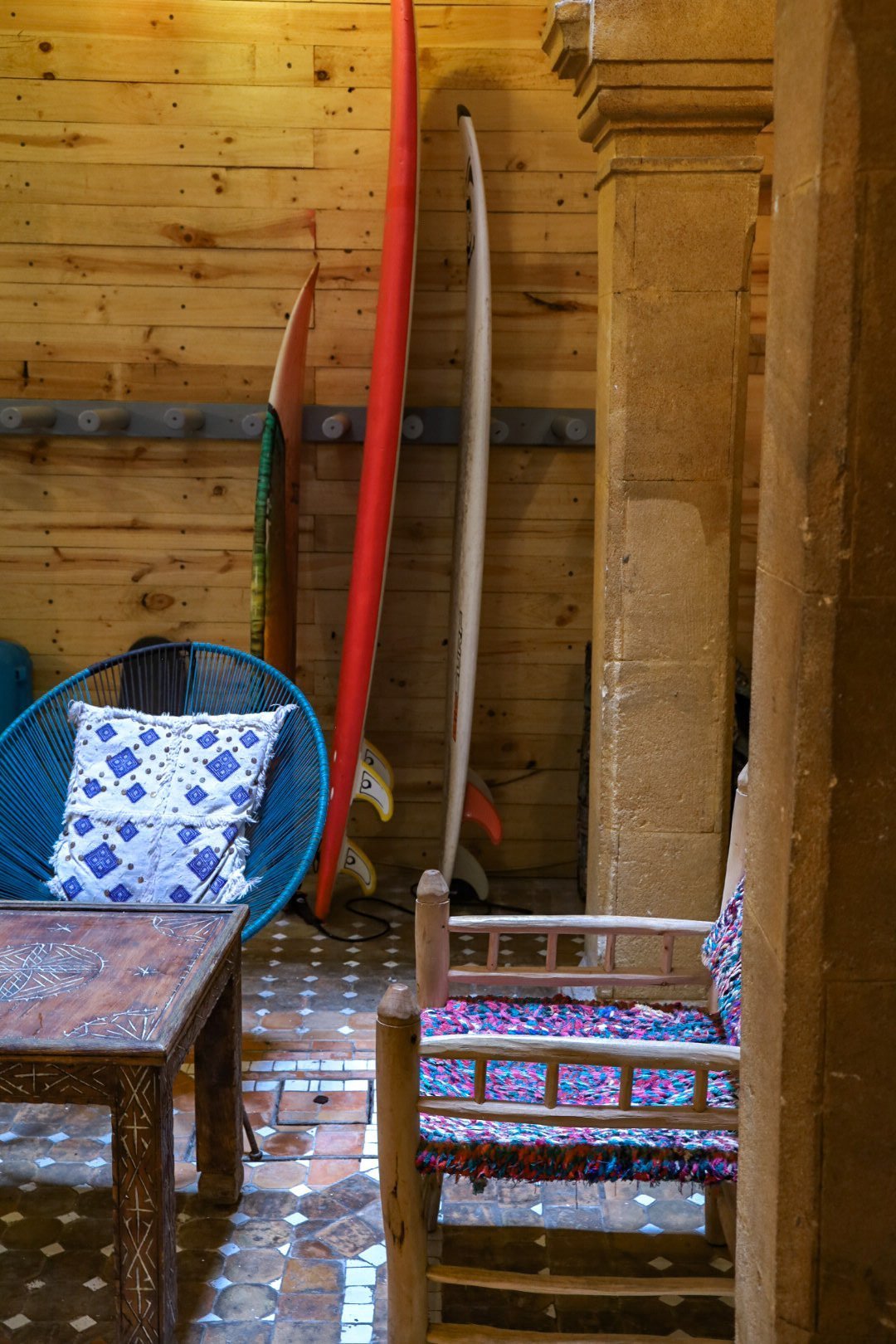 Surf boards in the lobby of Riad Inna