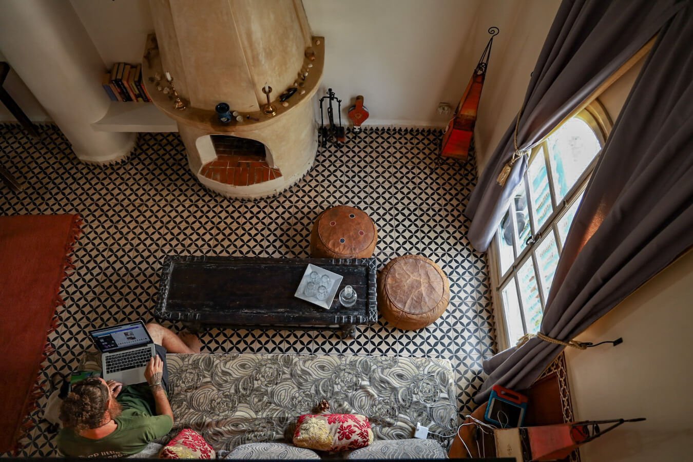 The view from the mezzanine floor looking down to the first floor in the family suite at Ryad Watier