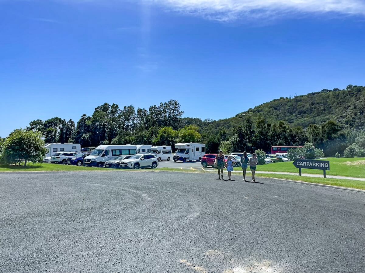 The carpark in Hahei for the shuttles to Cathedral Cove