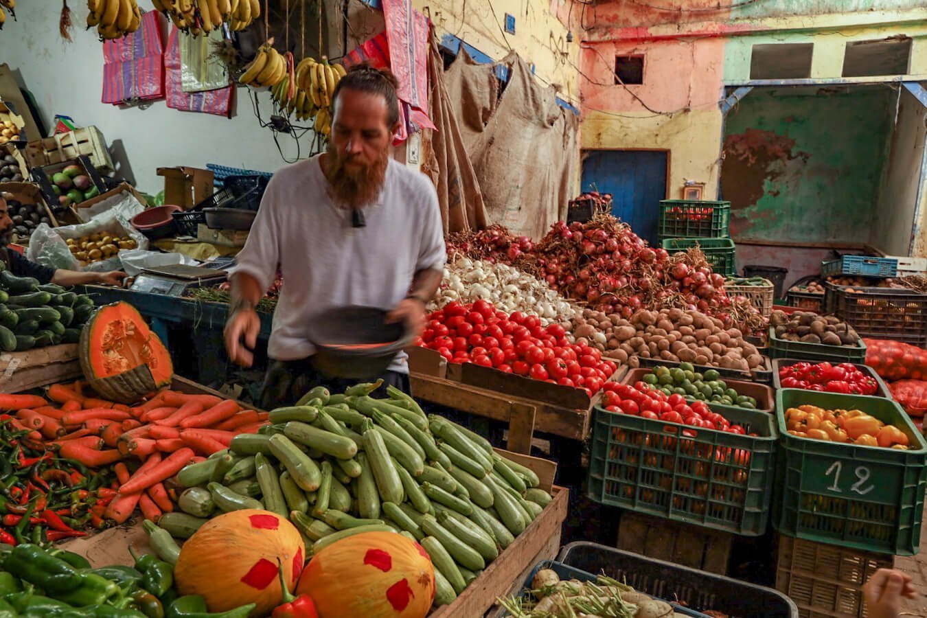 Collecting vegetables and fruit from the market in Essaouira medina