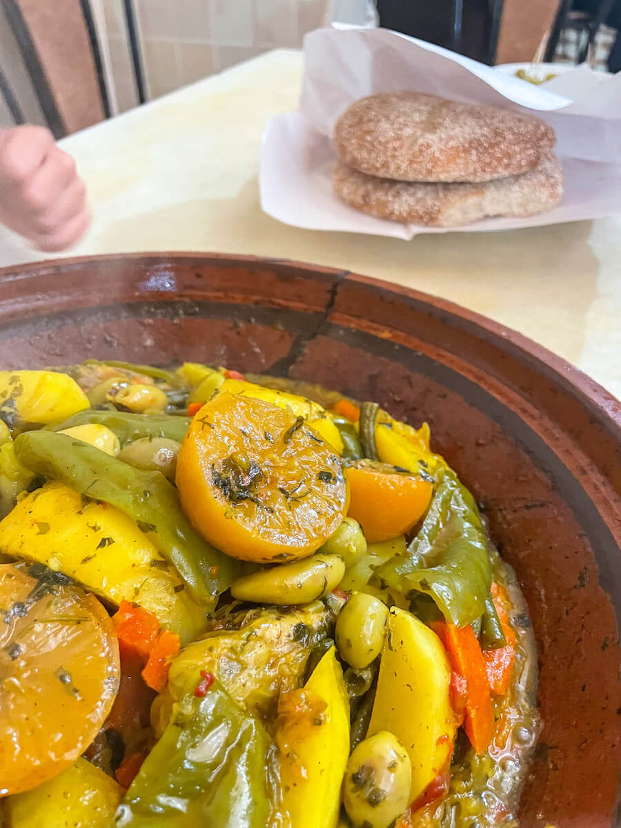 Delicious hot tagine and bread served at Cafe Populair in Essaouira