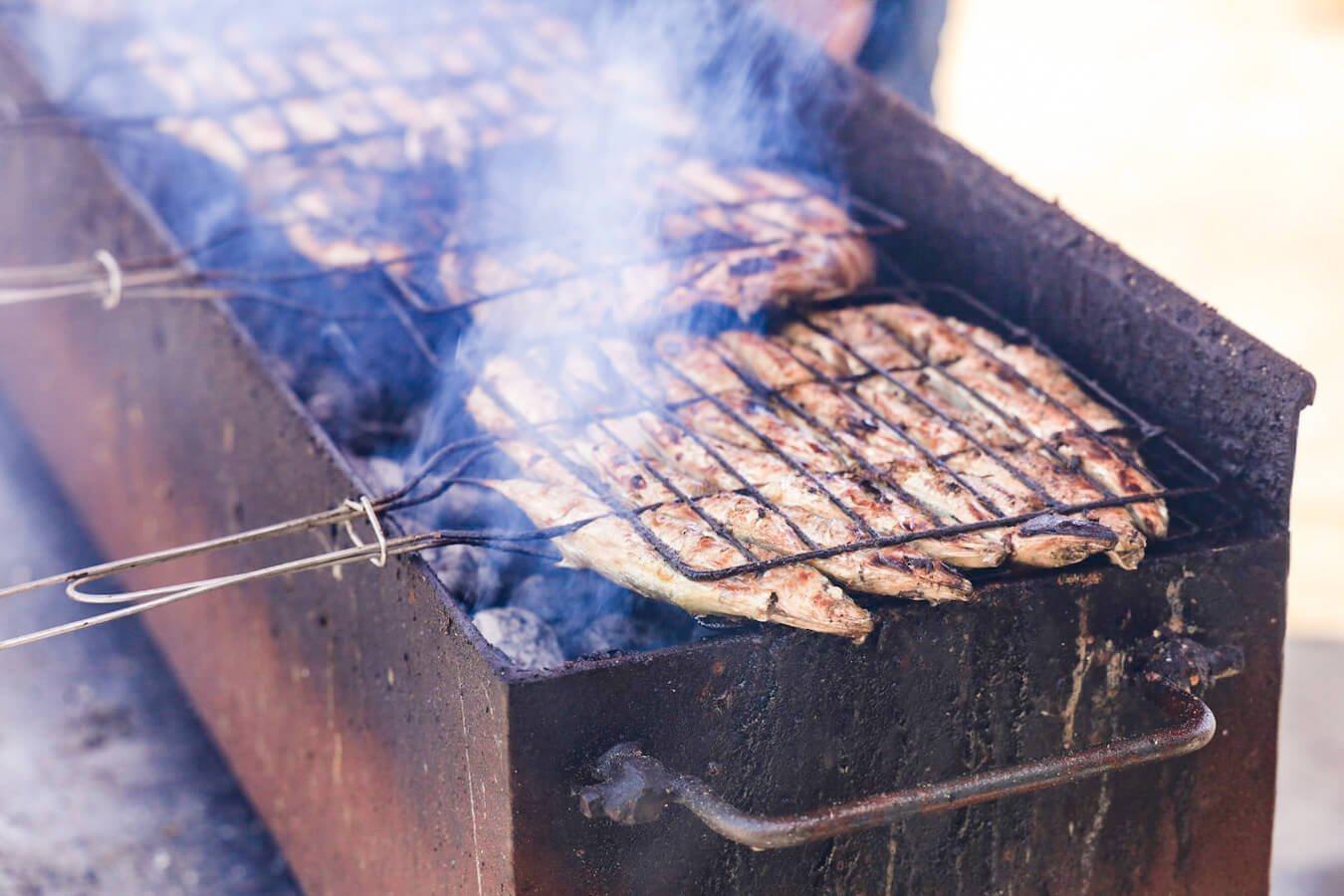 Sardines cooking over an open bbq