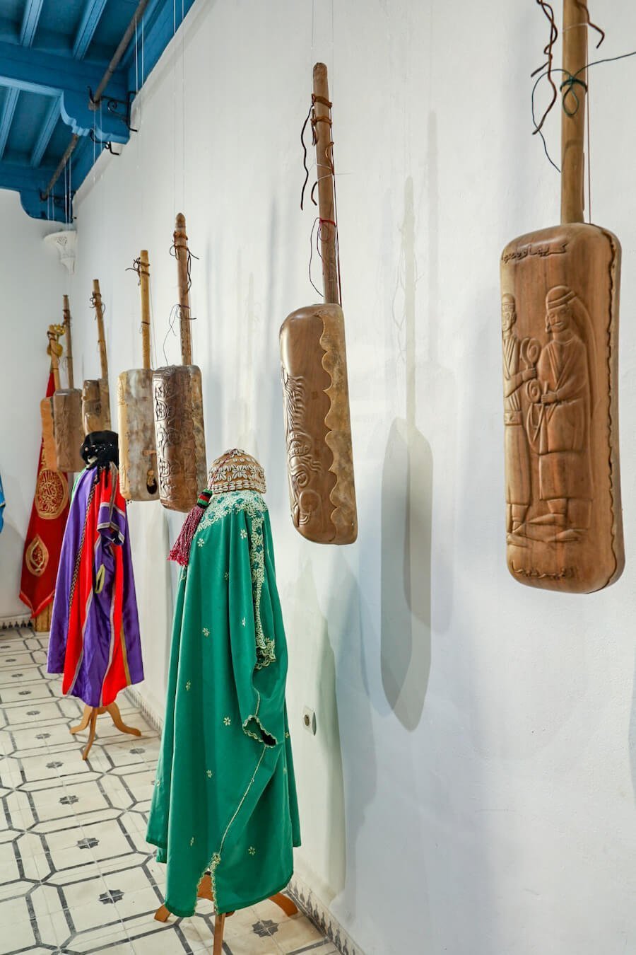 Gnaoua instruments hang on display at the Sidi Mohammed ben Abdallah Museum