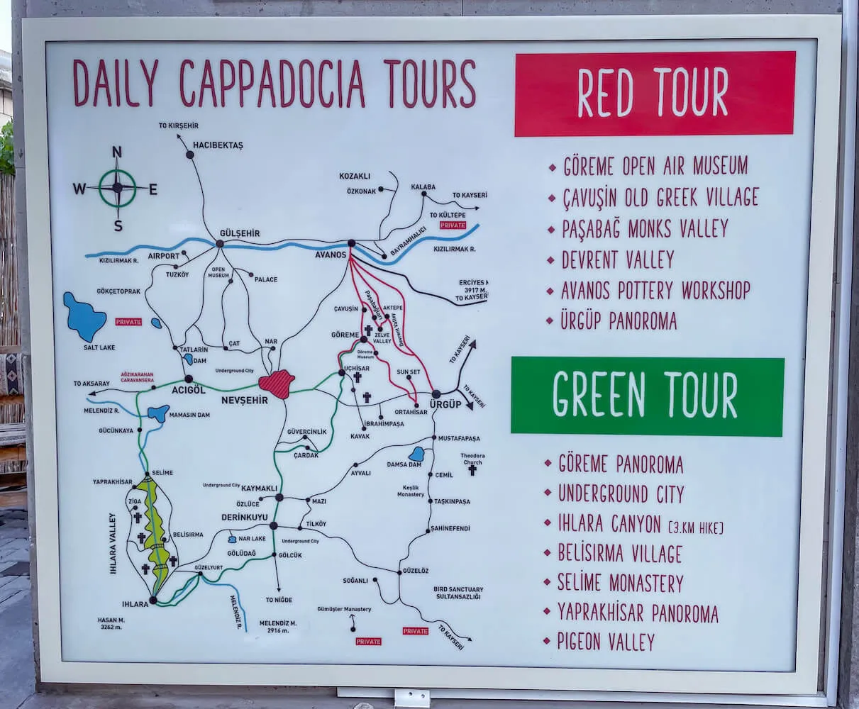 List of activities on the red and green tour, and places to visit in Cappadocia.