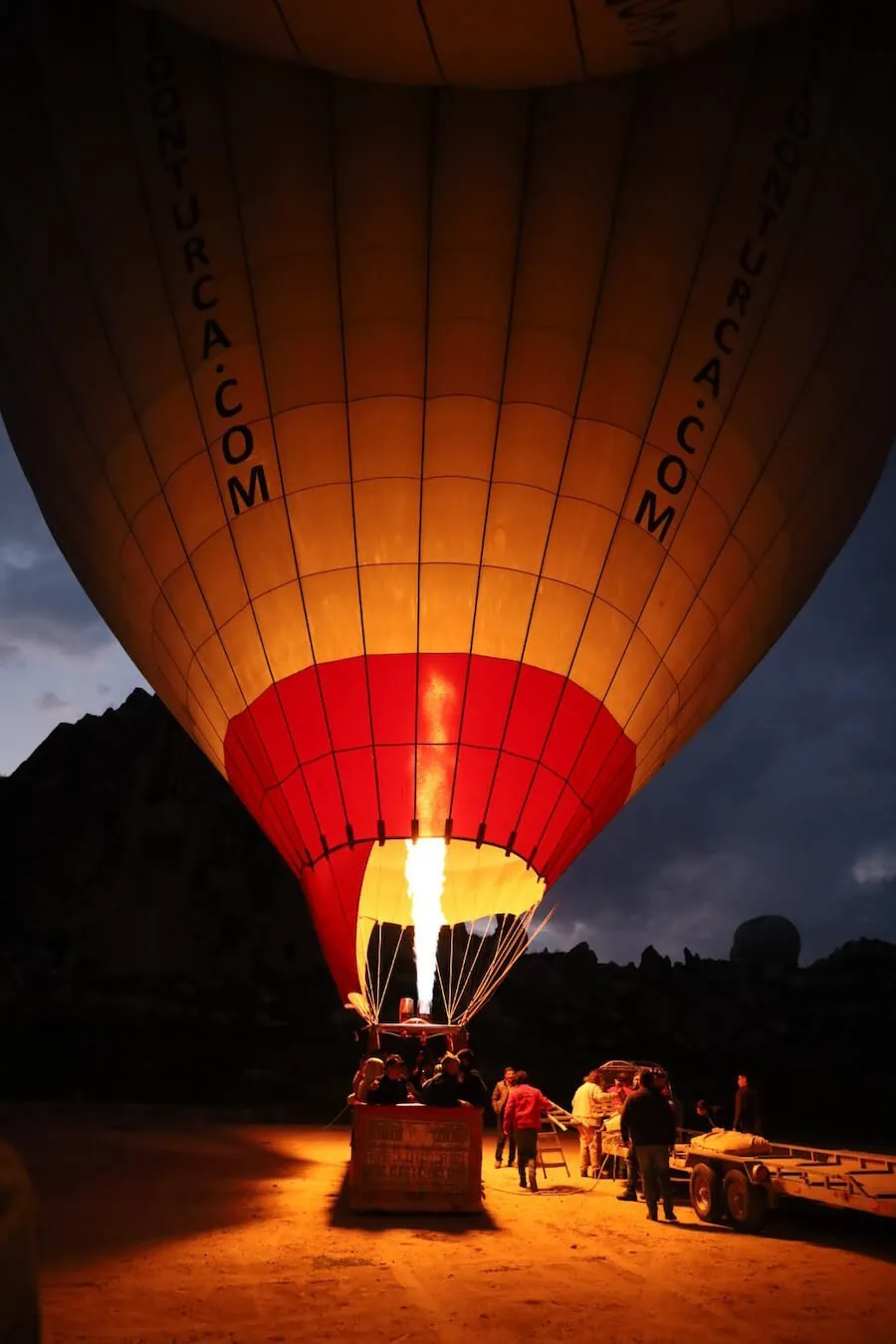 Hot air balloon at the launch point gets ready to lift off in Cappadocia.