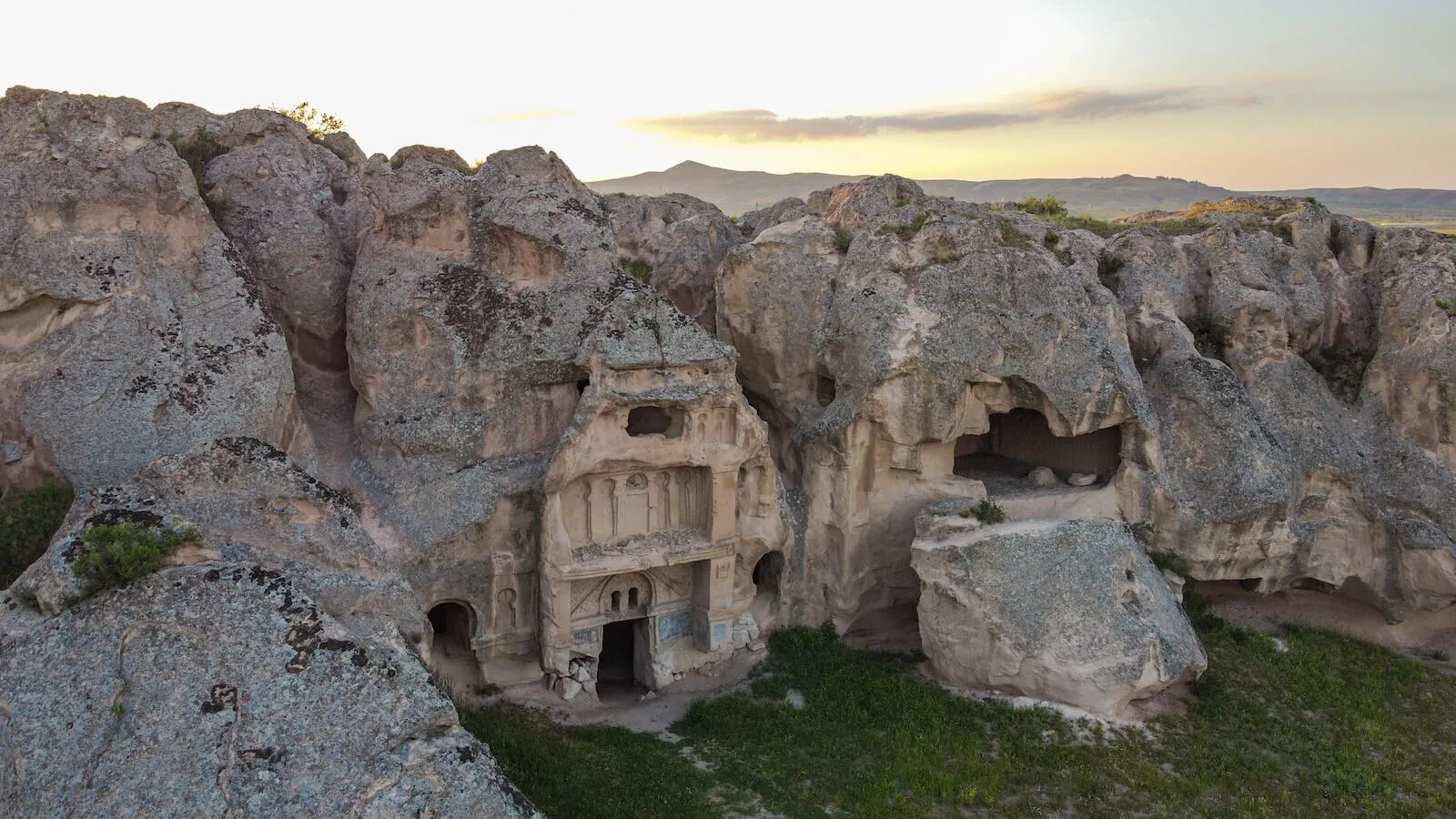 The Acik Saray Open Air Museum photographed with a drone.  A beautiful time to visit is at sunset.