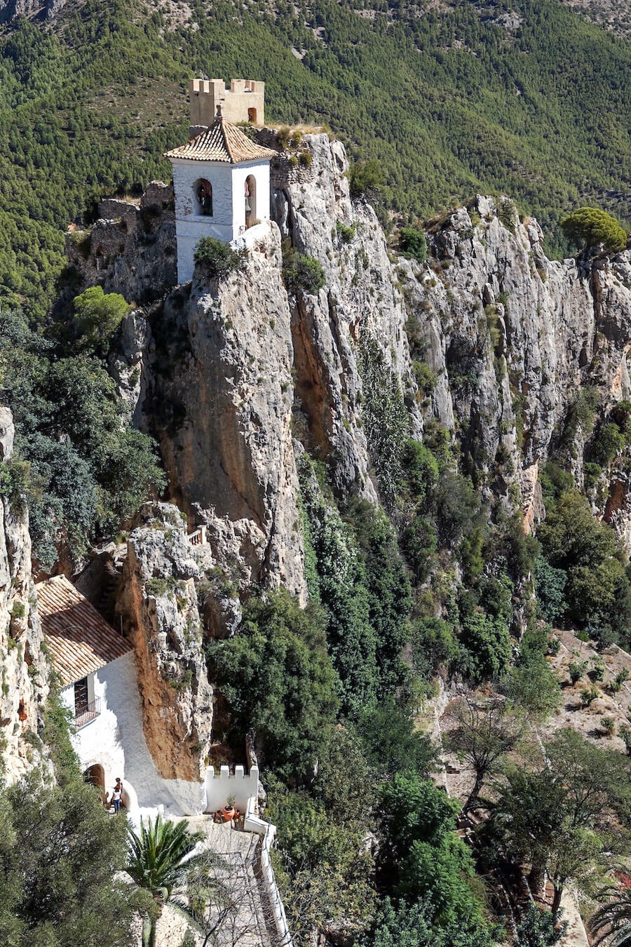The mountain church and buildings set among steep rocky landscape in the village of Guadalest in Costa Blanca