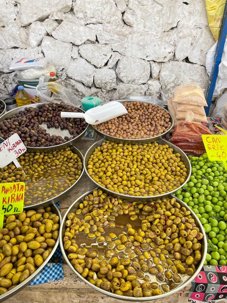 Big trays of olives for sale in Fethiye Farmer's Market