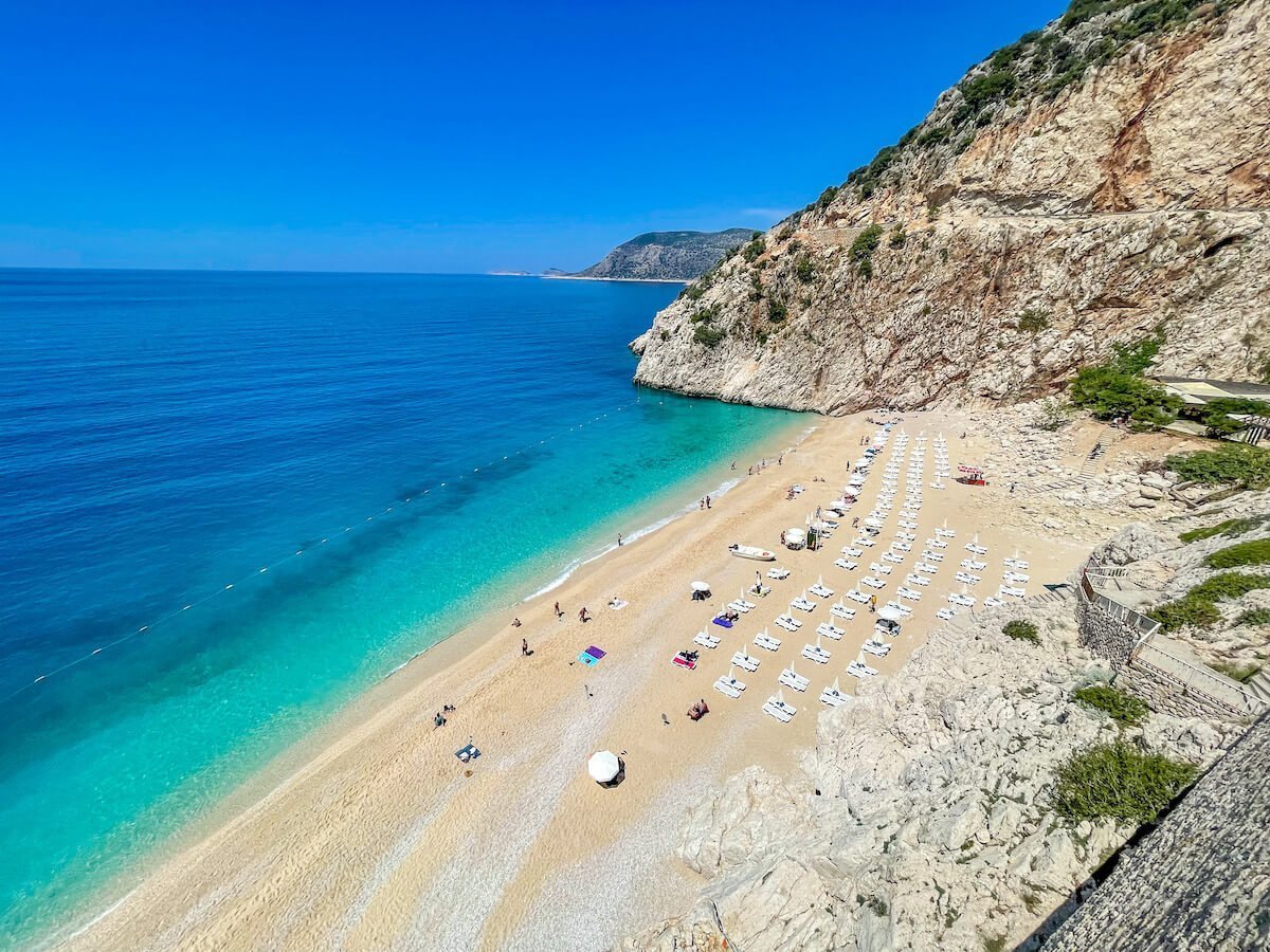 The turquoise waters of Kaputas beach - this is said to be one of the most beautiful beaches in Turkey and so a swim here is one of the best things to do in Kas.