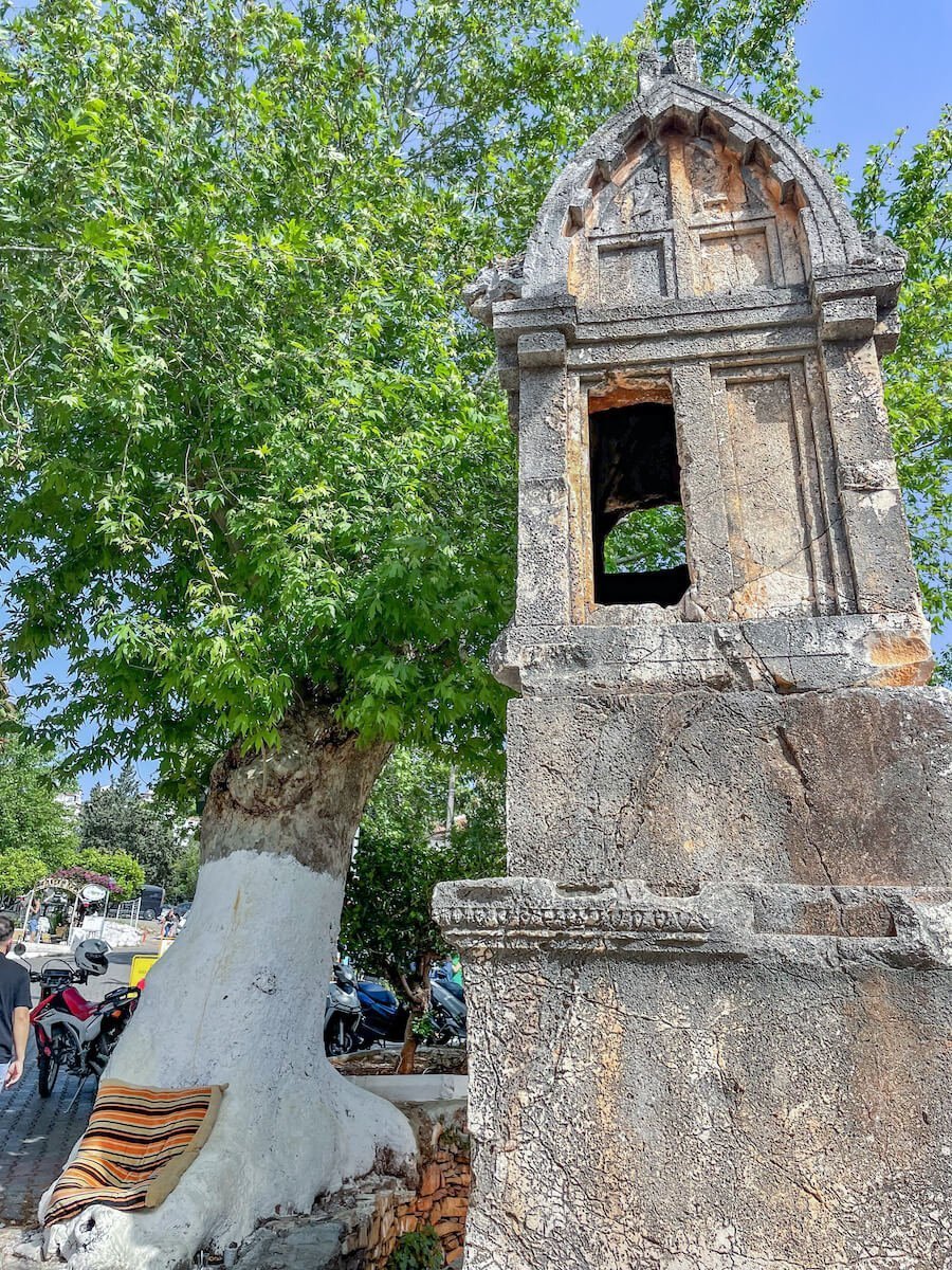 The Lions' tomb also know as the kings tomb in the middle of town in Kas, Turkey - this is an easy place to visit when looking for things to do in Kas.