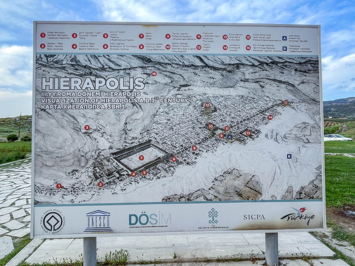 Hierapolis map detailing the main sites and things to see and do in Pamukkale.