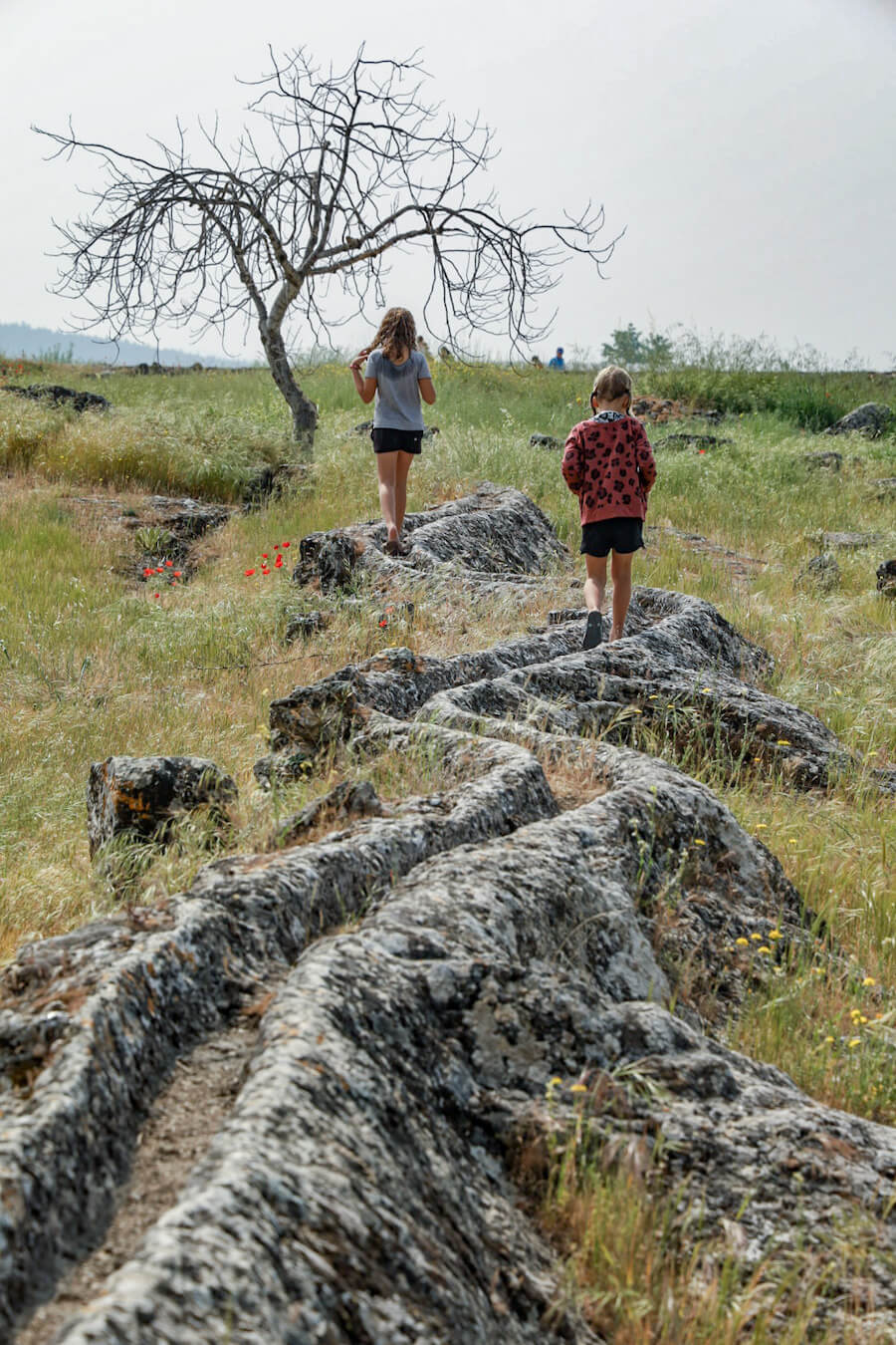 Two children walk through the Hierapolis Archaeological Site ruins... one of the things to do in Pammukale.
