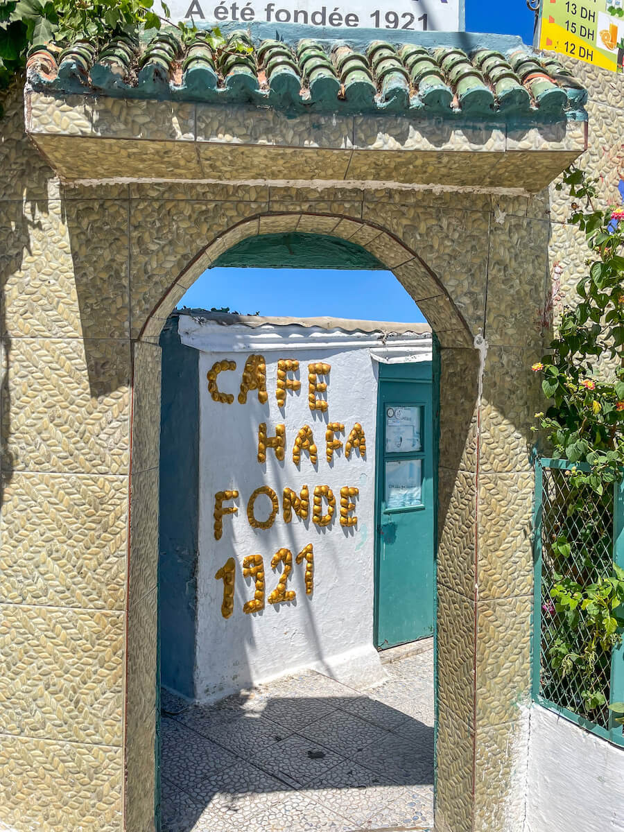The entrance to Cafe Hafa in Tangier is an iconic place to visit and one of the top things to do for a Tangier itinerary 