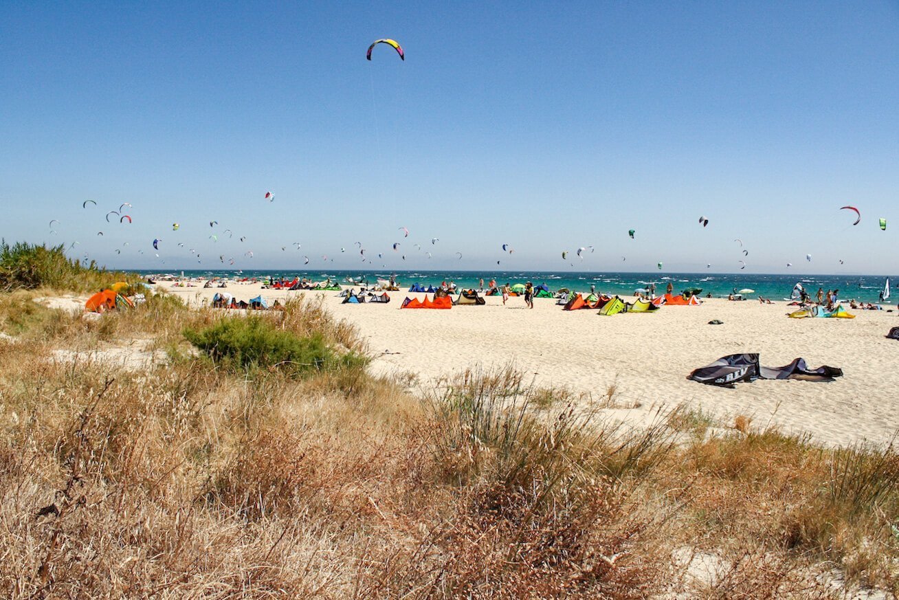 Kitesurfers in Tarifa in the south of Spain in the middle of summer.