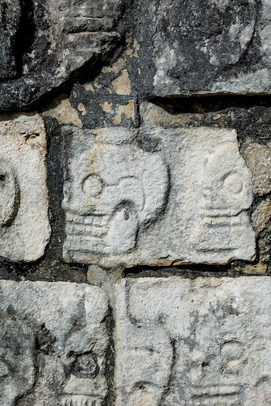 Wall of skulls at Chichen Itza, photographed on a day trip from Valladolid