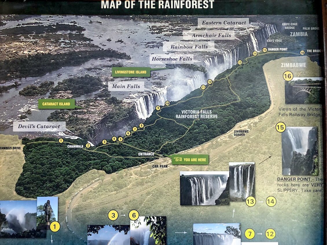 A map showing the viewing points and different falls that can be seen at Victoria Falls in Zimbabwe.