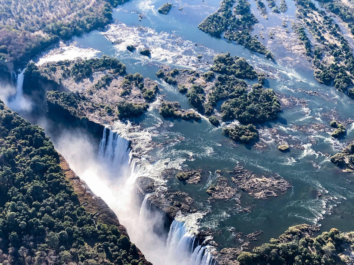 Victoria Falls as seen from above on a helicopter ride and tour