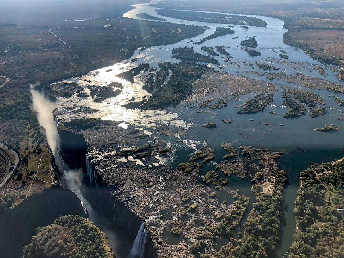Victoria Falls as seen from above on a helicopter ride and tour