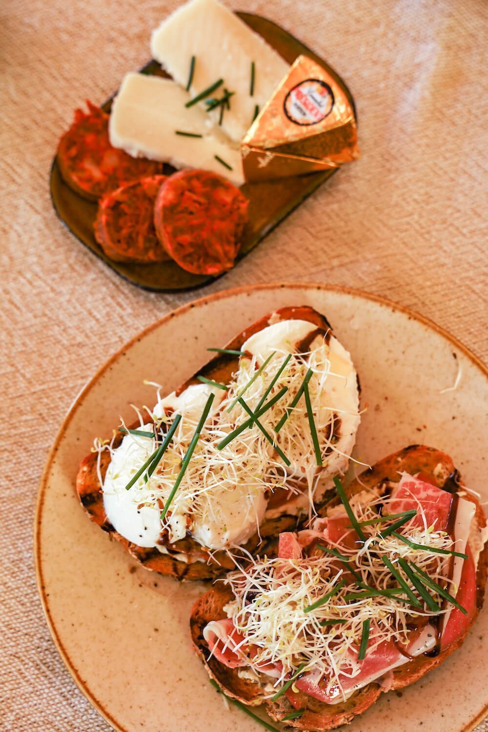 The delicious breakfast with meats and cheeses 