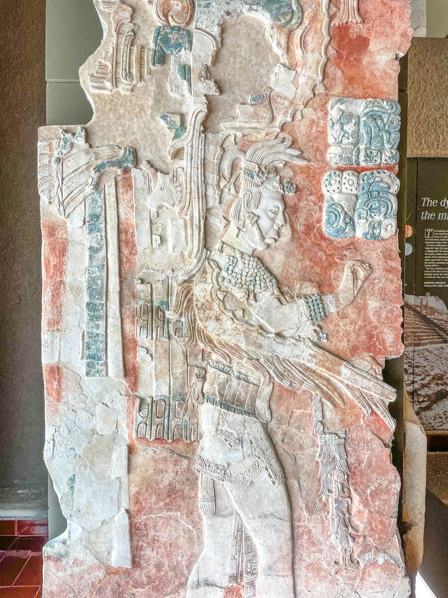 A coloured tablet from Palenque ruins, on display inside the sites museum.