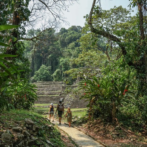 Family on a self guided tour of Palenque, walking down the entrance path to Palenque ruins.