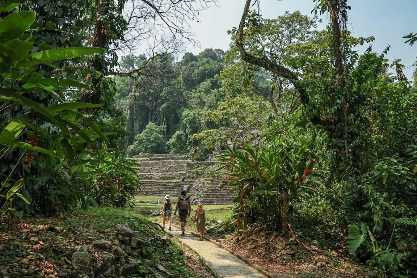 Family on a self guided tour of Palenque, walking down the entrance path to Palenque ruins.