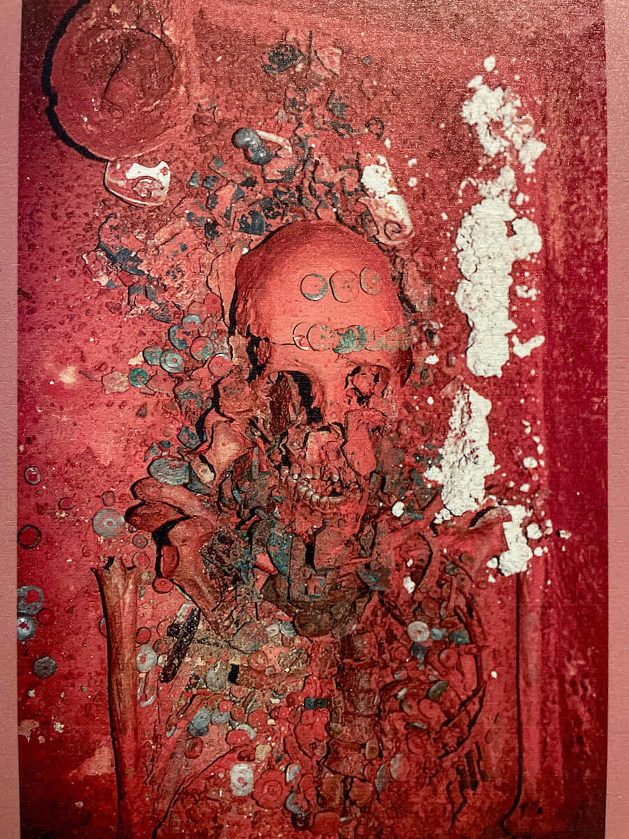 The skeleton of the Red Queen, with various ornaments found upon opening her sarcophagus.  