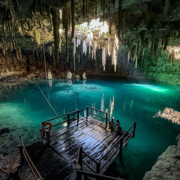 Xcanahaltun cenote near Valladolid with a stalactites and closed vaulted ceiling - one of the best cenotes near Valladolid.