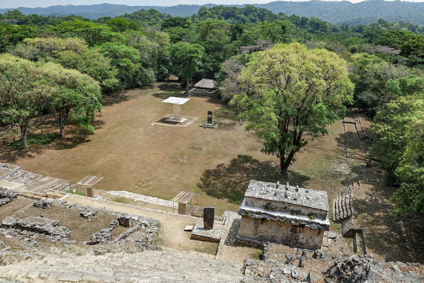 View from the Acropolis down over the site of Bonampak ruins and the Lacandon Jungle