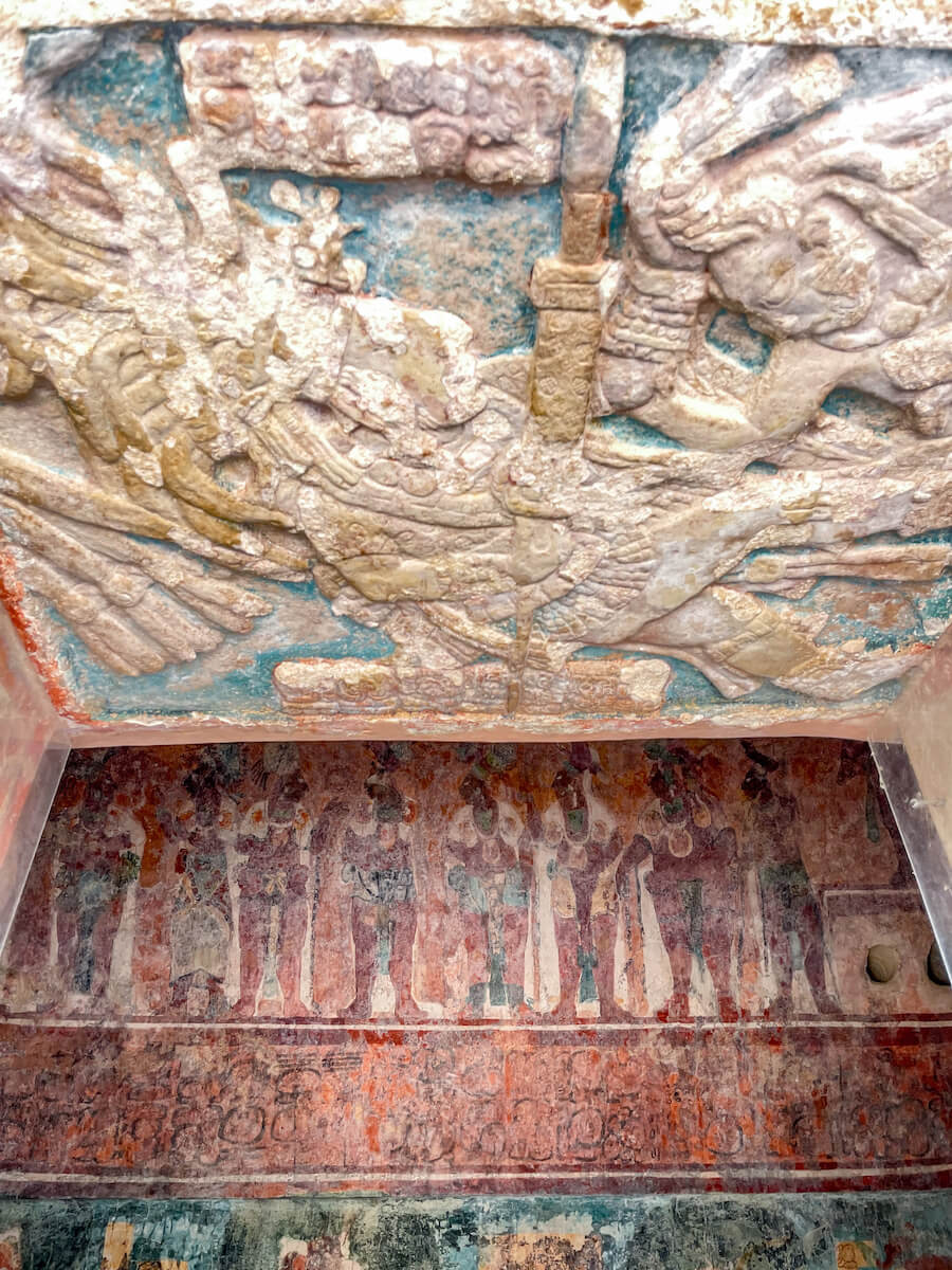 The colourful lintel and mural wall inside one of the rooms in structure 1 "Temple of the paintings," in Bonampak ruins.